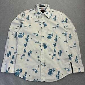 Mens Medium Western Style Button Up Shirt Floral Roar White Blue Long Sleeve